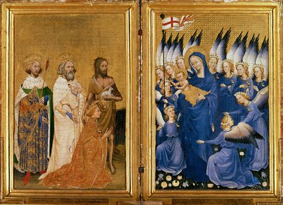 Richard II. wird der Jungfrau und dem Kind von seinem Schutzpatron Johannes dem Täufer und den Heiligen Edward und Edmund vorgestellt, ca. 1395-99 von Master of the Wilton Diptych